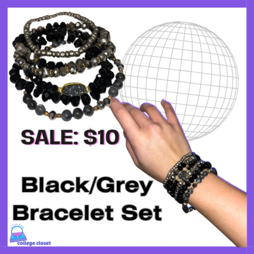 Bracelet Set, Black/Grey Beads and Pendants